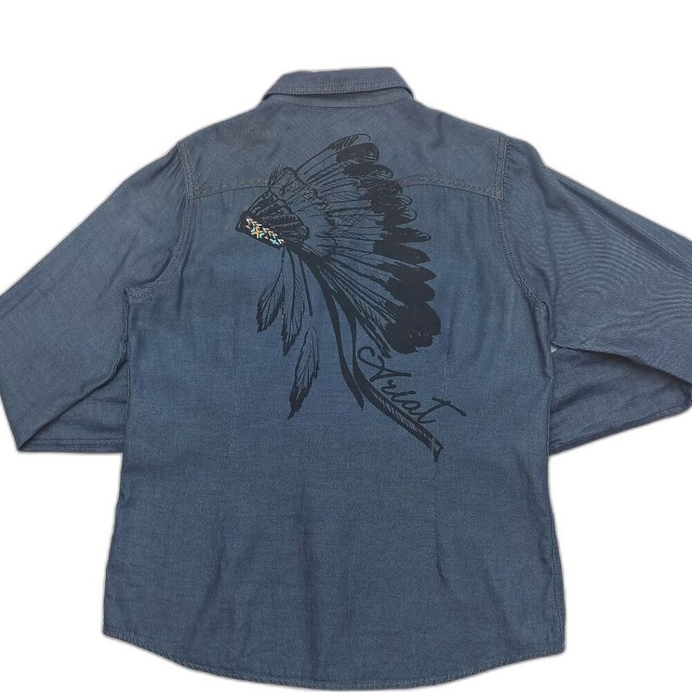 ARIAT Denim Snap Down Shirt Western Rodeo Embroidered Native American Headdress